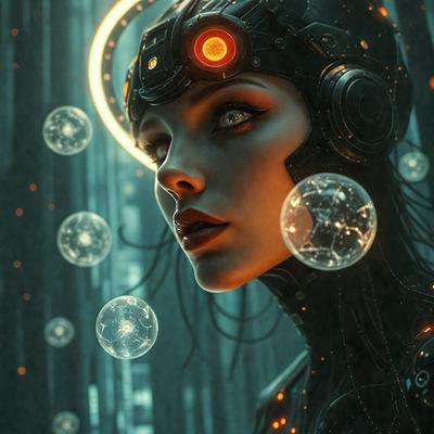The primary subject of the image is a woman with a futuristic, cyberpunk-inspired look. She is wearing a black and white outfit, with a halo on her head, and has a glowing aura around her. The setting is a dark, futuristic environment with a backdrop of neon lights and floating orbs. The visual style is a combination of digital art and illustration, creating a striking and unique image. The colors and mood of the image are predominantly